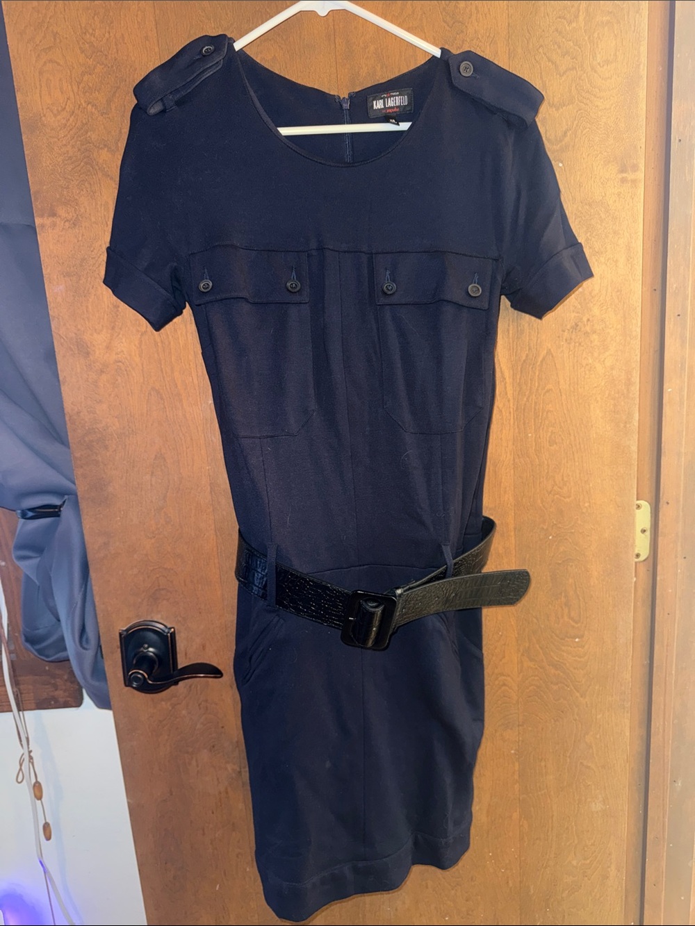Blue Short-Sleeve Belted Dress Karl Lagerfeld for Macy’s